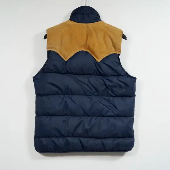 Vintage Woolrich Down Puffer Vest Suede Yoke Navy Brown Men’s Medium - Picture 3 of 11